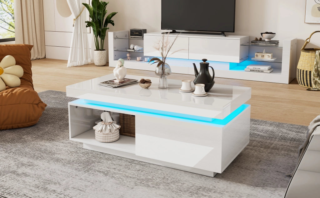 TAVOLINO DA CAFFÈ LED 100x50x40,3 cm Bianco Pannello di legno con cassetto