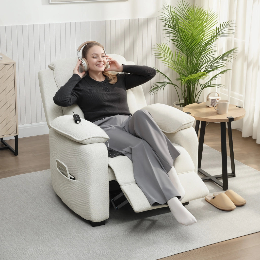Poltrona relax elettrica reclinabile con poggiapiedi, tasche laterali e telecomando ¨C zephmum ¨C 86x90x103cm crema