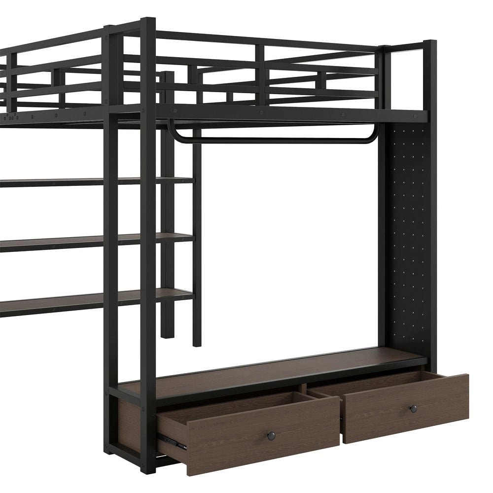 Letto a Soppalco 140x200 con Armadio, Ripiani, Pannello Forato e LED ¨C Xylo ¨C Nero Metallo