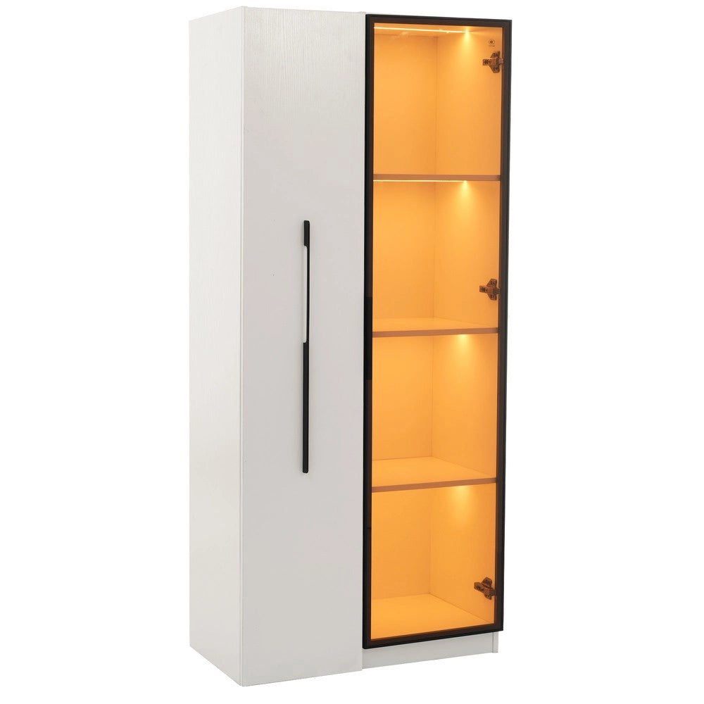 Libreria Vetrina con Porte in Vetro Temperato e LED ¨C MINIMAL ¨C Legno, Ruote, 160 cm