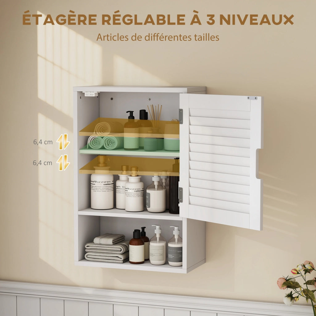 Armadietto da bagno sospeso con ante a doghe e ripiano regolabile ¨C zephmum ¨C bianco 40x20x60cm