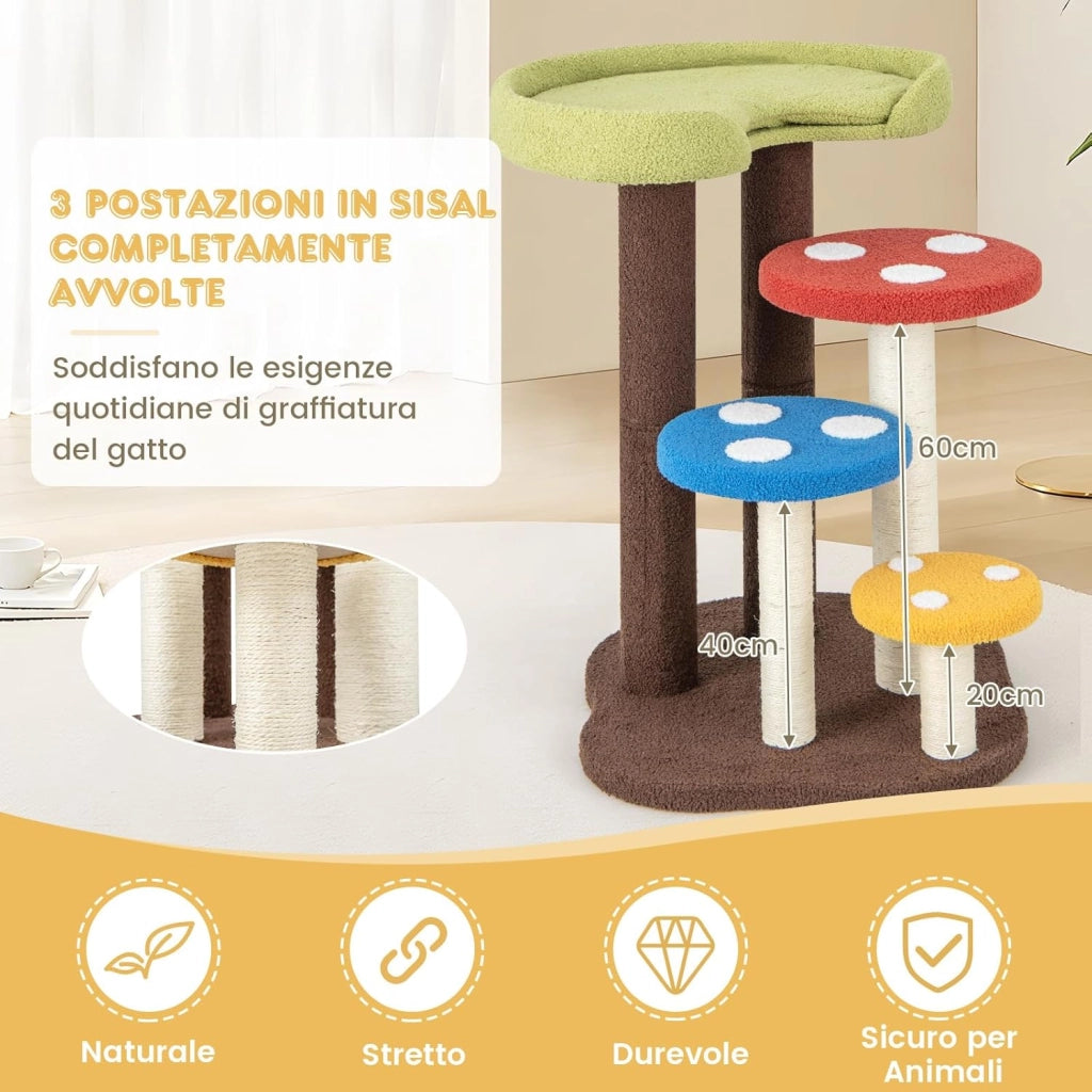 Albero per Gatti 3 in 1, Torre per Gatti a 5 Livelli con 3 Pali in Sisal, Tappetino e Piattaforme Rimovibili, Centro Attività per Gattini a Fungo