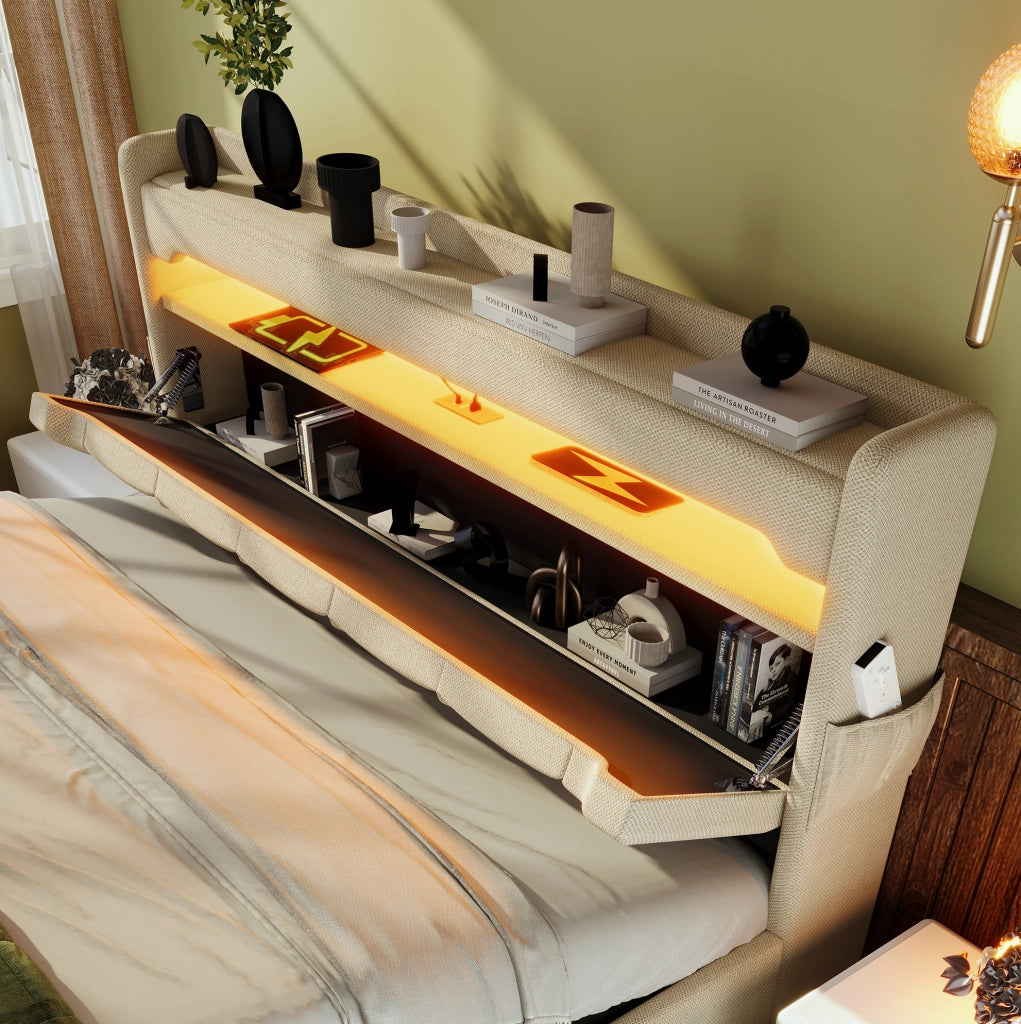 Letto imbottito 140x190 cm con LED, testiera contenitiva e porte USB/Type-C