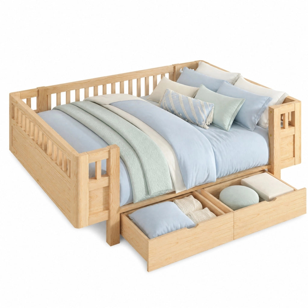 Letto a piattaforma con barriera protettiva e 2 cassetti; 90x200 cm; legno