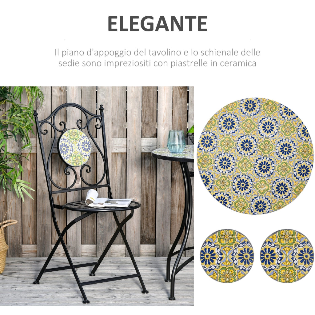 EasyComfort Set Tavolo e Sedie da Balcone 3 Pezzi, Set da Giardino Pieghevoli in Metallo con Maioliche Colorate, Multicolore