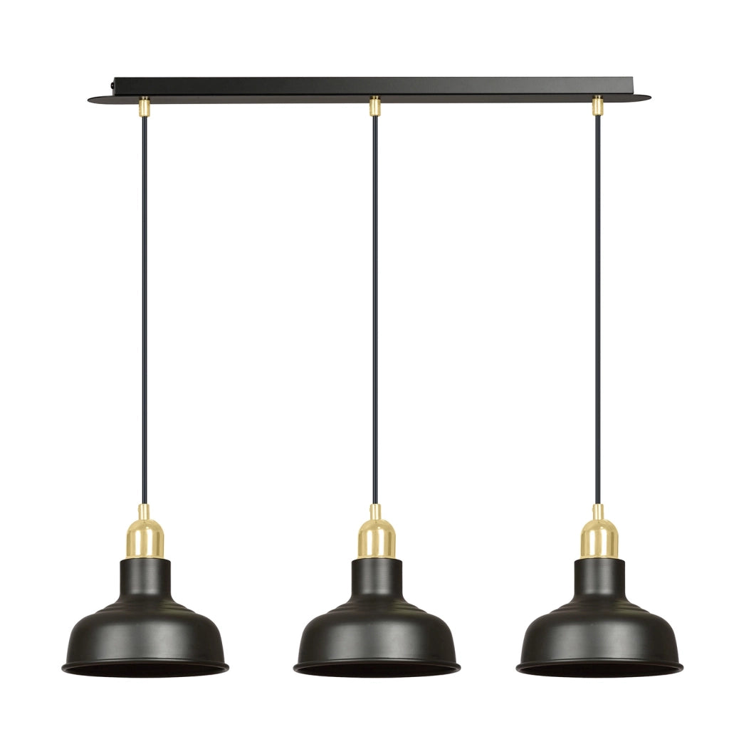Lampadario Industrial 3 Luci Dhanapati Acciaio Nero Con Elementi In Oro