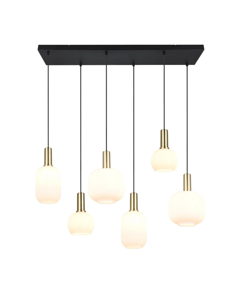 Sospensione Trio DIVA nera/ottone 6xE27 vetro bianco