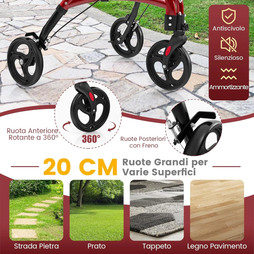 Deambulatore per Anziani in Alluminio Ultraleggero a 3 Ruote, Rollator per Anziani Pieghevole e Regolabile in 6 Livelli 86-96 cm con Borsa e Ruote Bloccabili, Portata 136 kg (Rosso)