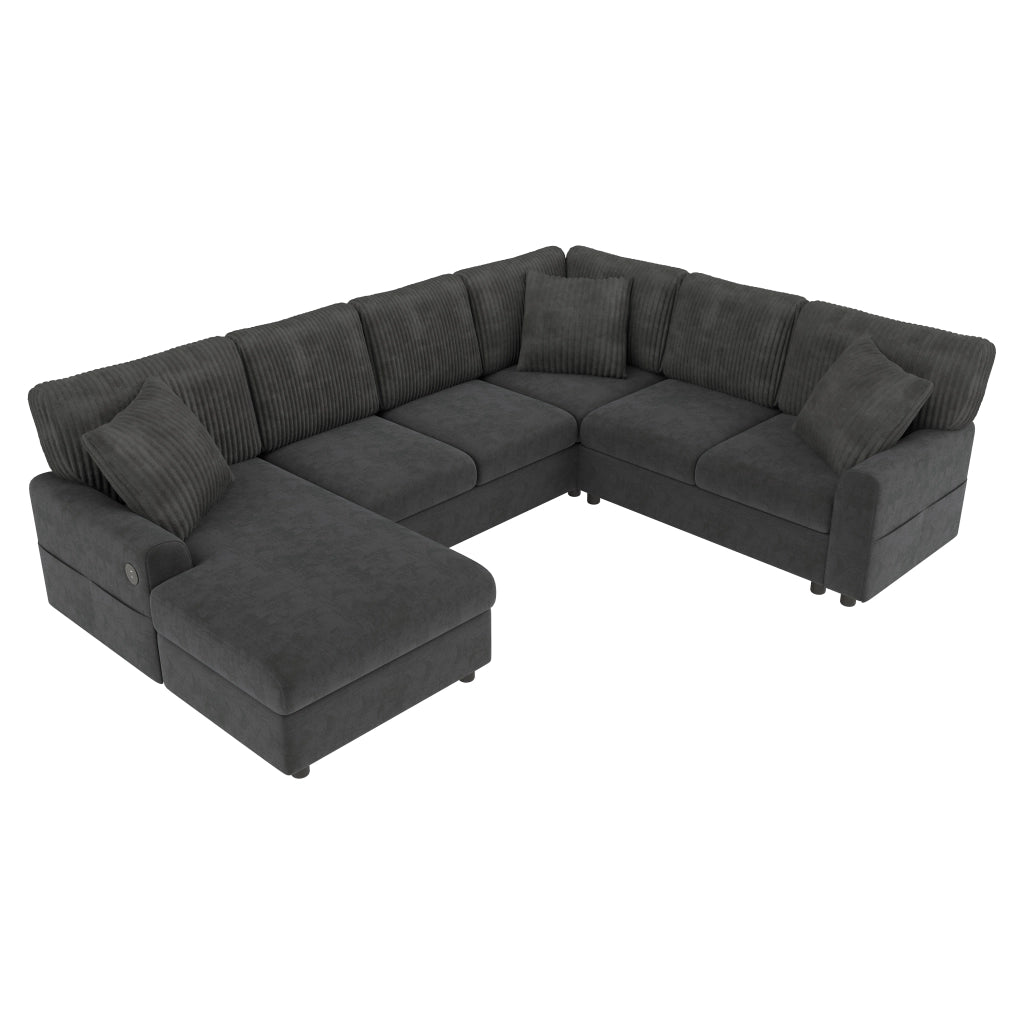 Divano angolare a U con chaise longue; 3 cuscini; USB e Type-C in chenille grigio