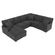 Divano angolare a U con chaise longue; 3 cuscini; USB e Type-C in chenille grigio