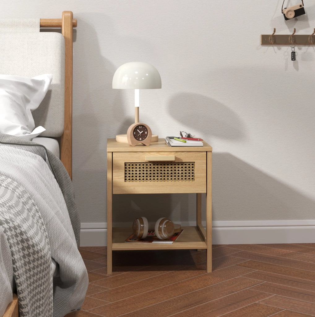 Comodino 40x40x48.4 cm con cassetto; ripiano e design in rattan in legno naturale