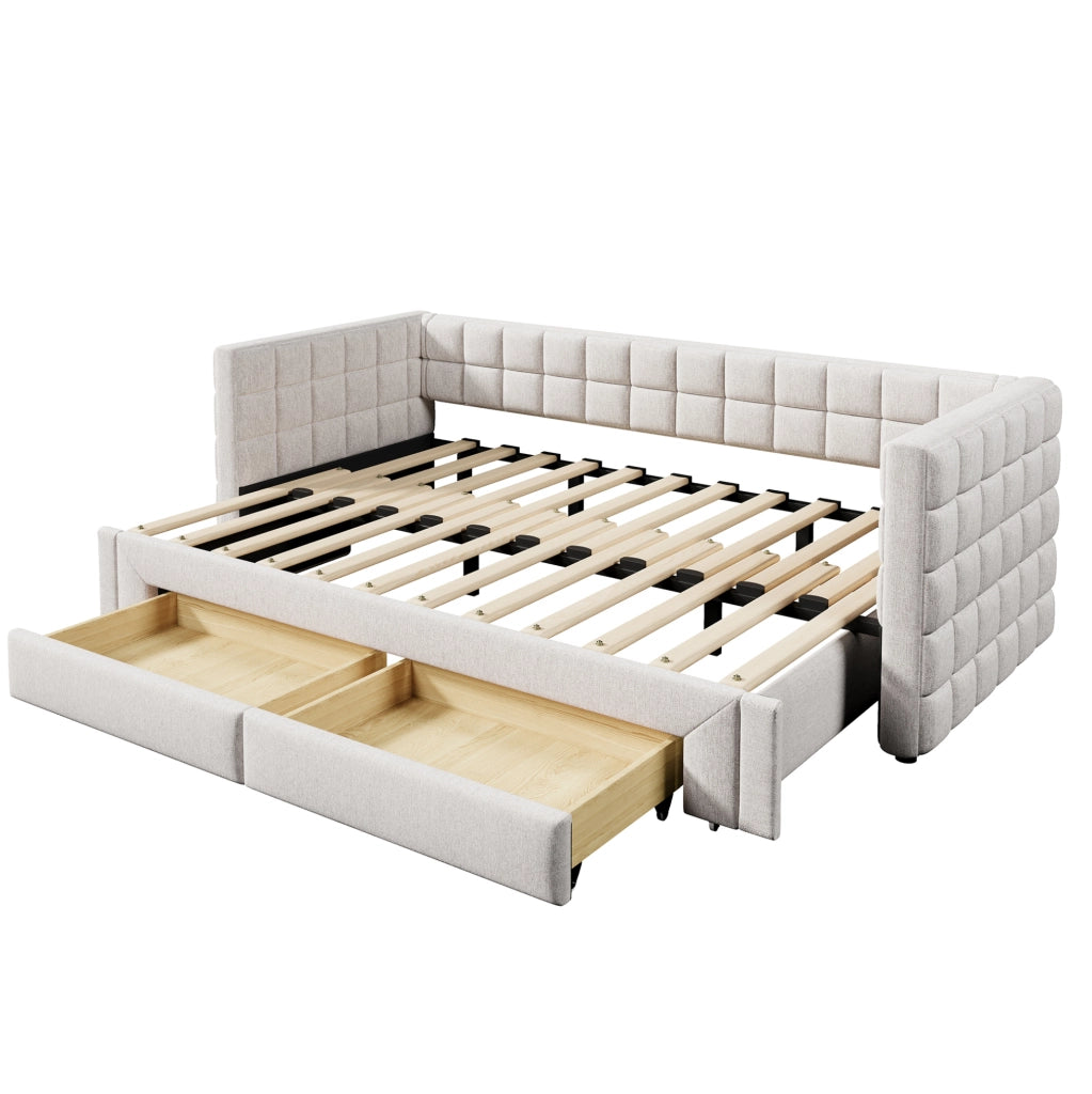 Letto a divano 90x200 cm estensibile; 2 cassetti; velluto; beige; (Senza materasso)