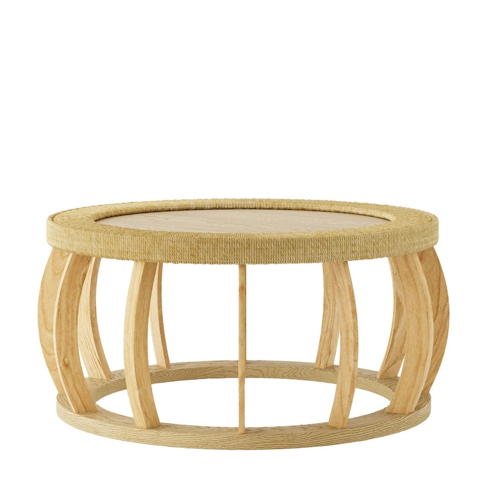 Tavolino da Caff¨¨ Rotondo in Legno Massello e Rattan ¨C MINIMAL ¨C Naturale, Gambe Curve