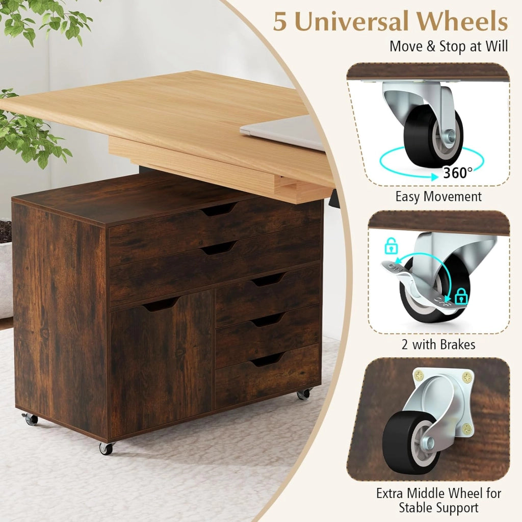 Armadietto portaoggetti, 5 cassetti in 2 dimensioni, scatola portaoggetti mobile con armadio ad ante, mobile da ufficio, 5 ruote universali, 77,5 x 40 x 64 cm (industriale)