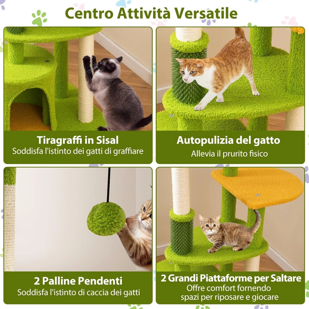 Albero per Gatti, Tiragraffi per Gattini a Tema Foresta con Foglie Artificiali, Condominio, Postazione Imbottita, Pali per Graffiare in Sisal e Pompom, Albero Tiragraffi per Gatti da Interno