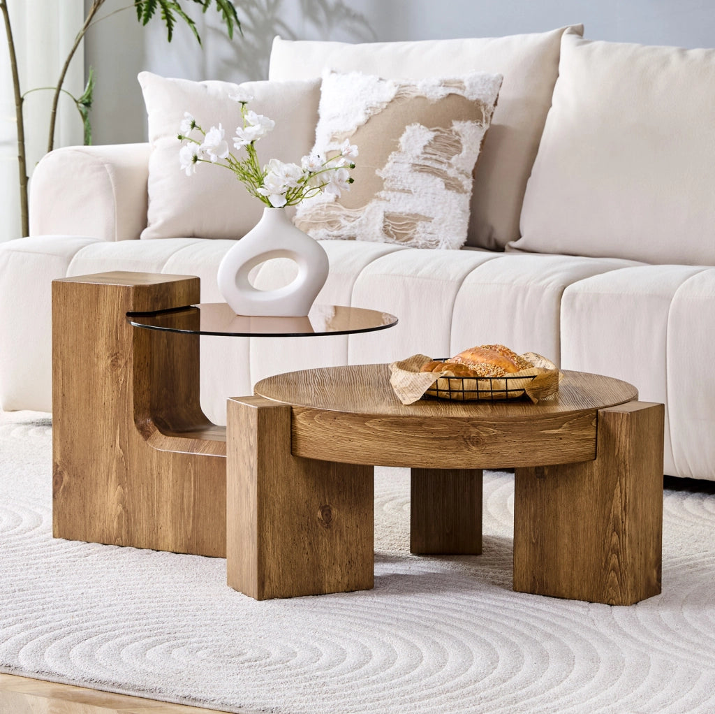 Set di tavolini da caffè rotondi 2 in 1 in MDF effetto legno e vetro temperato marrone