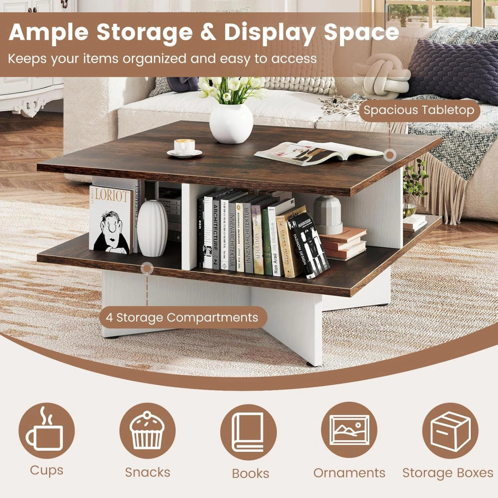 Tavolino quadrato a 2 livelli, tavolino da caffè in legno con 4 scomparti aperti e base a forma di X, 60 x 60 x 33 cm, tavolino per soggiorno, ufficio (marrone+bianco)