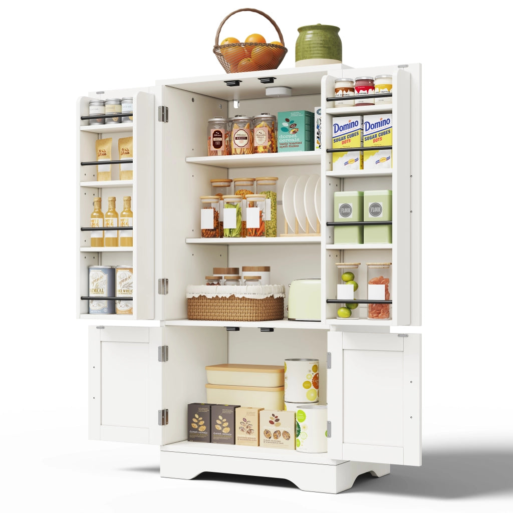 Credenza alta con LED sensore, 2 ripiani regolabili e ante ondulate, per cucina, in MDF bianco 120 × 60 × 40 cm