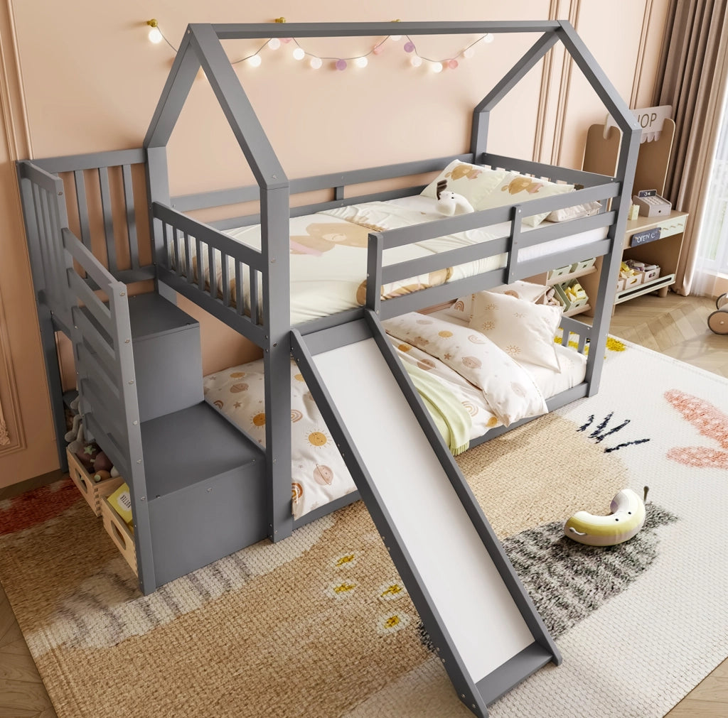 Letto a castello a casetta con scivolo e scala contenitore 90x200 cm
