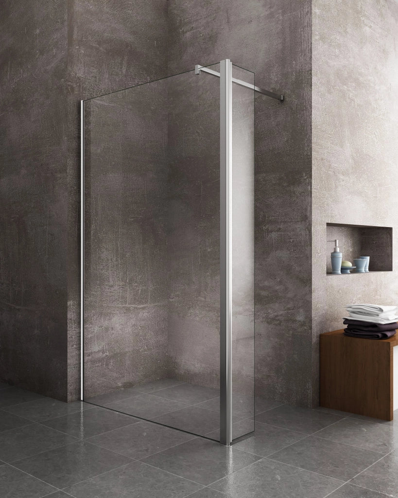 Parete doccia Walk In con anta mobile paraspruzzi vetro temprato 8mm H 200 cm misura 70 cm lastra + 40 cm antina