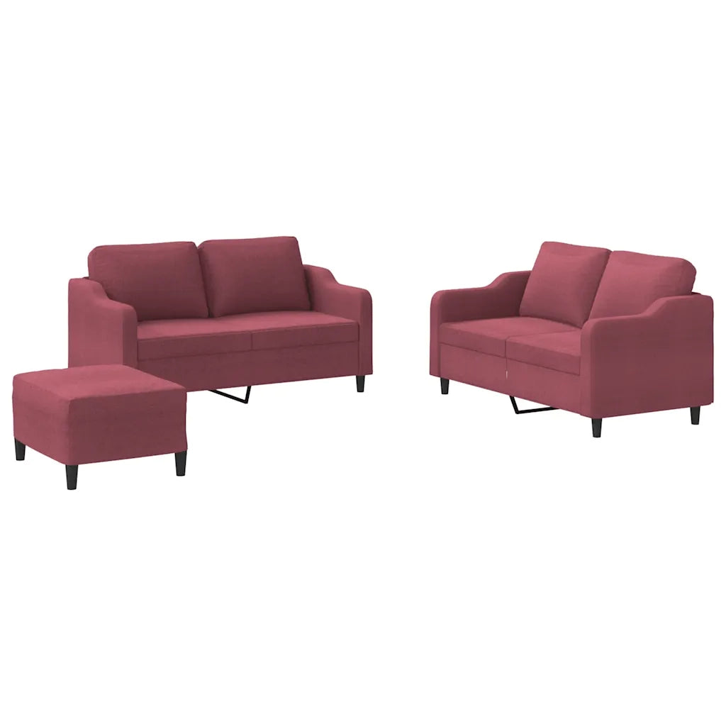 Set di Divani 3 pz con Cuscini Rosso Vino in Tessuto