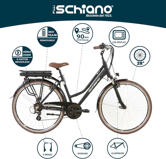 F.LLI SCHIANO E--RIDE 28" bicicletta elettrica, bici da citta per adulti uomo/donna, e-bike ibrida con batteria da 36V, 