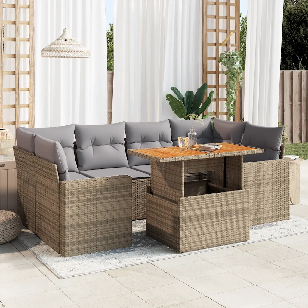 Set Divani da Giardino 7 pz con Cuscini Beige in Polyrattan