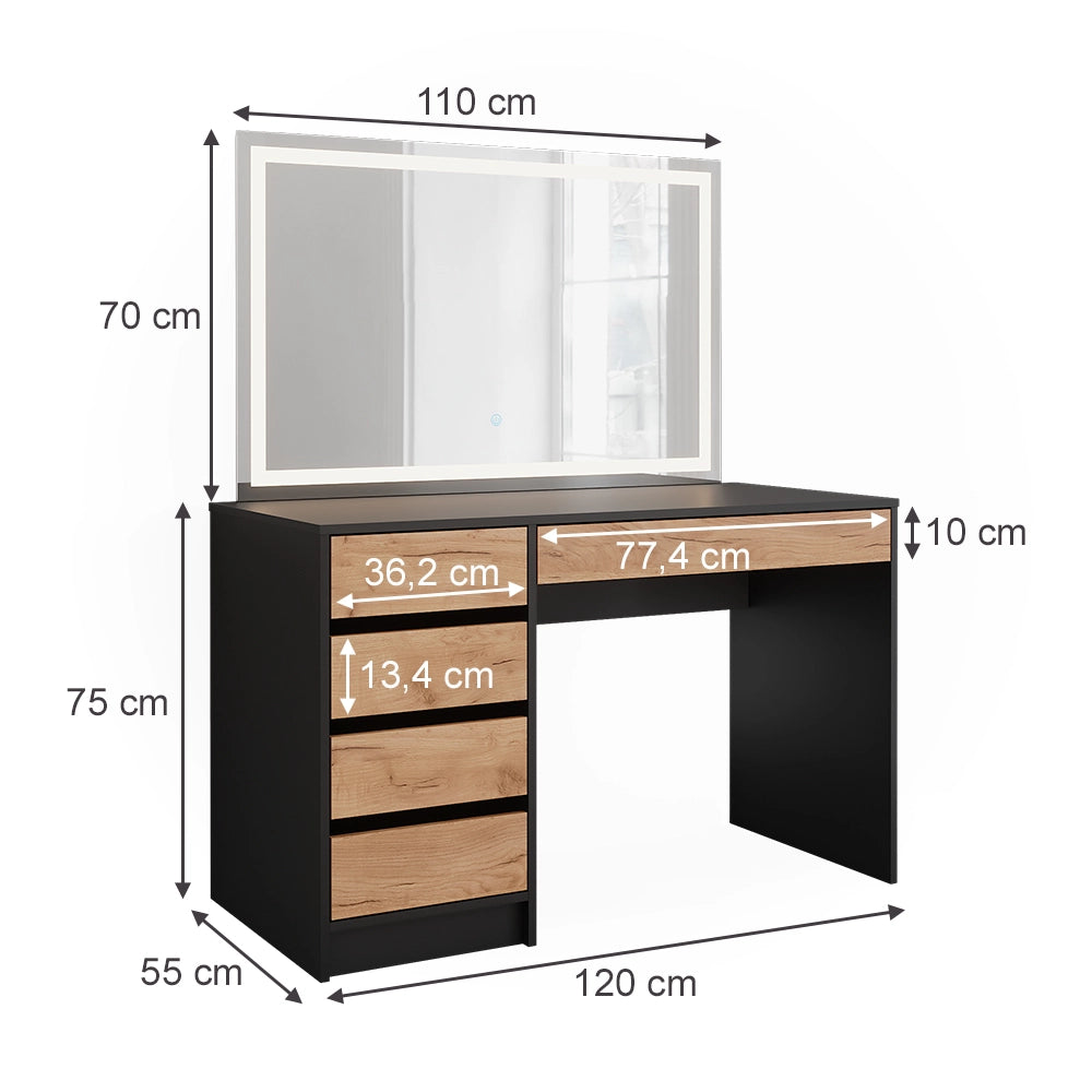 Tavolo da toilette Sherry Antracite/Rovere dorato 120 x 75 cm con specchio a LED Vicco