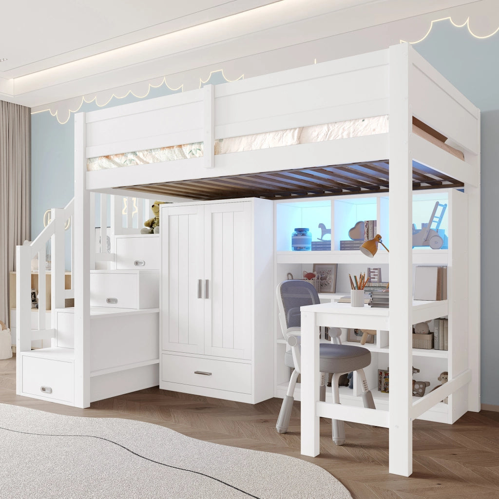 LETTO A CASTELLO 90x200 cm con scrivania, ripiani, armadio e LED, bianco