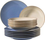 Set di piatti per 6 persone - 12 pezzi - stile mediterraneo vintage moderno - piatti per zuppe grigi sabbia - piatti piatti grigi sabbia/azzurro chiaro. set di piatti per 6 persone.