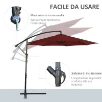 Ombrellone da Esterni 3x2.5 m Decentrato Rosso Scuro, in Poliestere Anti-UV e Acciaio con Manovella