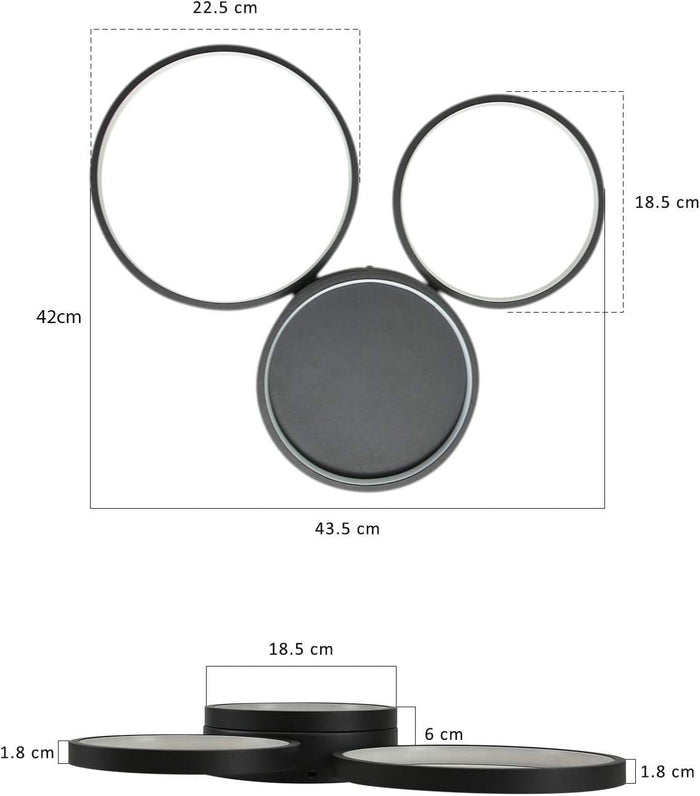 ZMH Lampada da soffitto LED 3 fiamme ad anello telecomando nera per camera letto