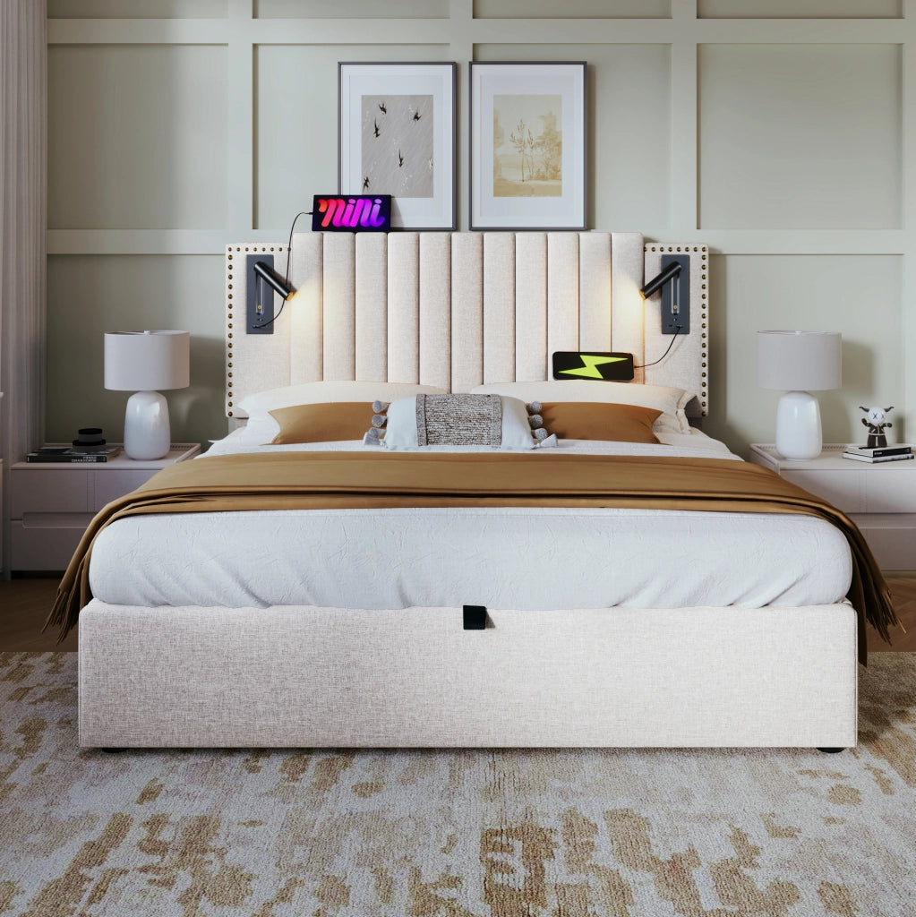 Letto matrimoniale imbottito 140x200 cm beige con contenitore; luce da lettura e porte USB-C
