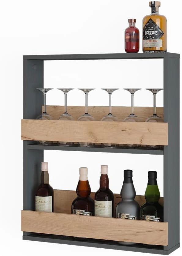 Portabicchieri da vino Repose, Quercia dorata/antracite, 60 x 72 cm, per montaggio a parete con supporti per fino a 8 bicchieri da vino