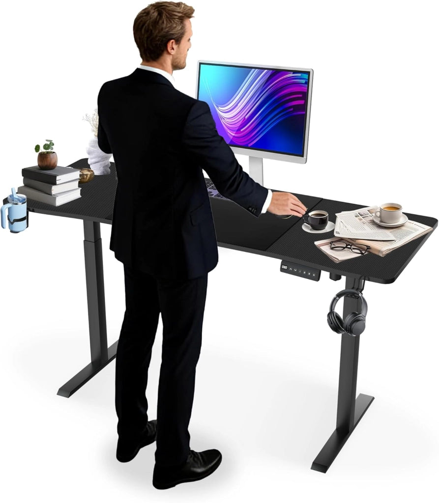 Scrivania regolabile in altezza, 160 x 60 cm, scrivania elettrica per computer, scrivania da ufficio con porta di ricarica di tipo C, gancio per cuffie e porta bevande, sedile elettrico, con