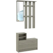 Set Mobili da Ingresso con Appendiabiti, Specchio, Panca con Scaffale e Scarpiera per 8 Paia di Scarpe, Grigio