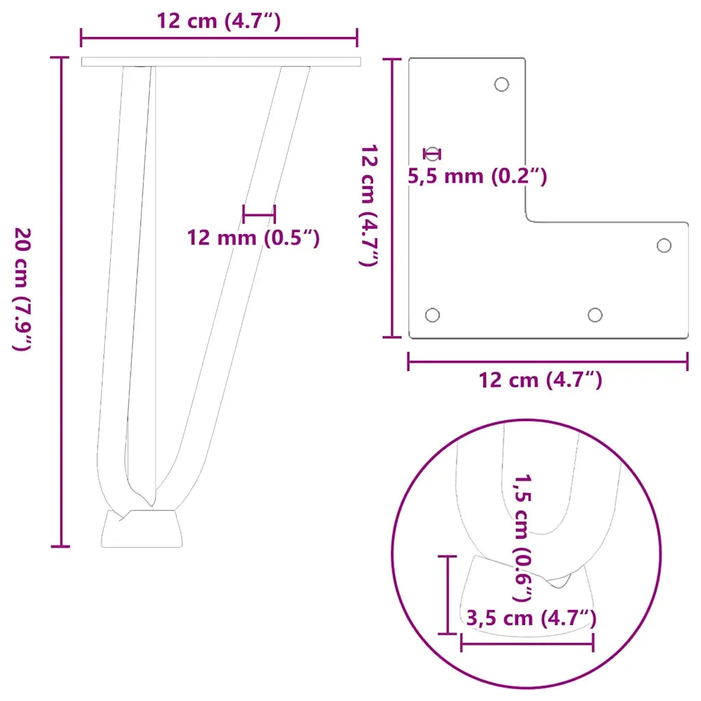 Gambe a forcina per tavolino da caffè 4 pz nere 20 cm in acciaio massiccio 4012432