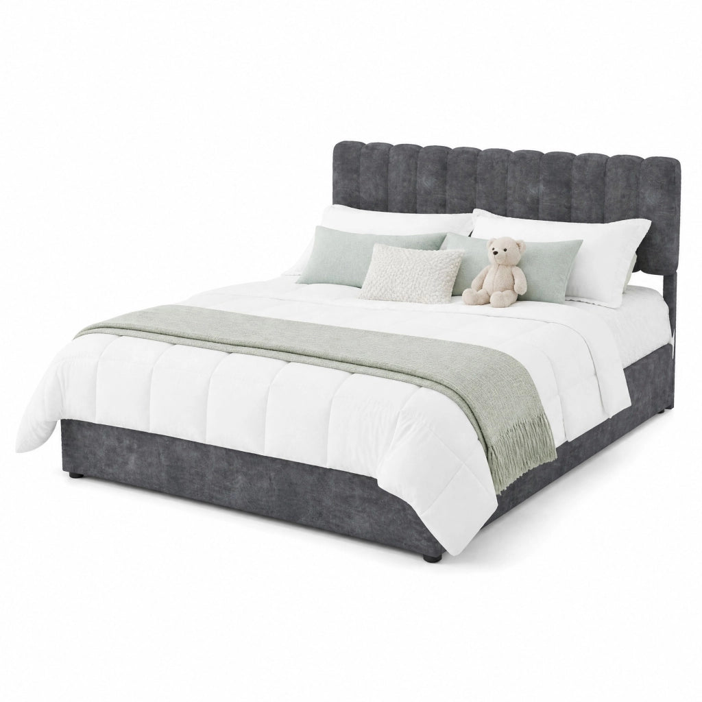 Letto matrimoniale imbottito 160x200 cm in tessuto grigio con testiera