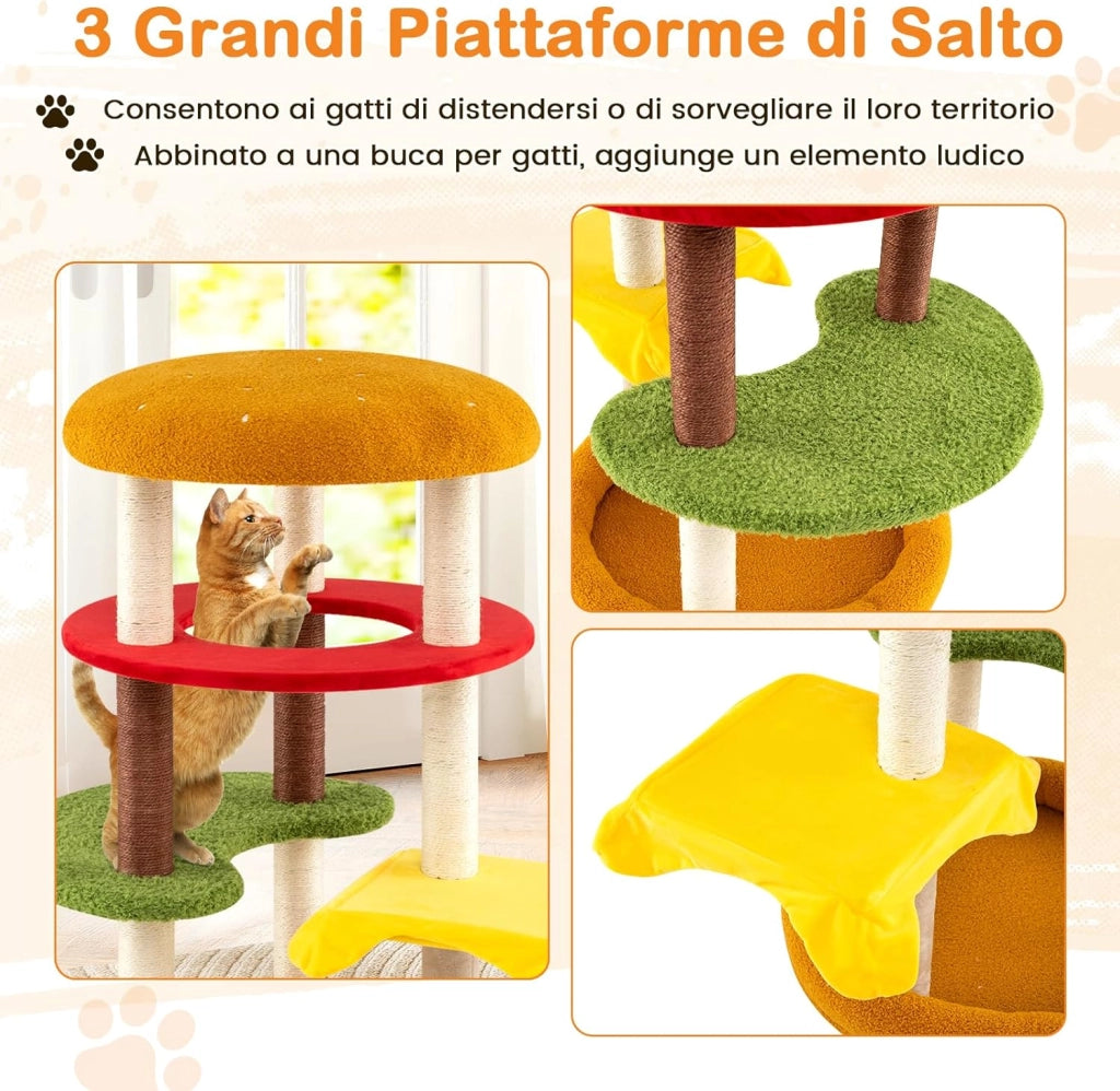 Albero per Gatti 106 cm, Tiragraffi per Gatti a Tema Hamburger con Trespolo Imbottito, Letto Spazioso, Tiragraffi di Sisal e Cuscini Morbidi, Casetta per Gattini, 60 x 60 x 106 cm