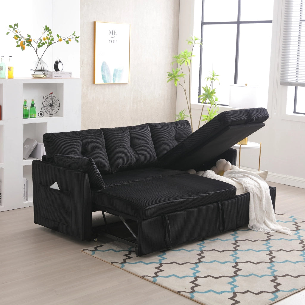 Divano letto modulare con contenitore sedute con tasche laterali e cuscini in tessuto a coste nero 206 × 108 × 66 cm