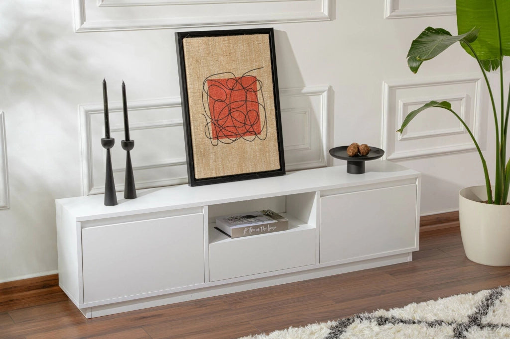 Mobile porta TV Morrigan, Credenza da soggiorno, Armadio basso per TV, Base parete attrezzata, 160x30 h42 cm, Bianco
