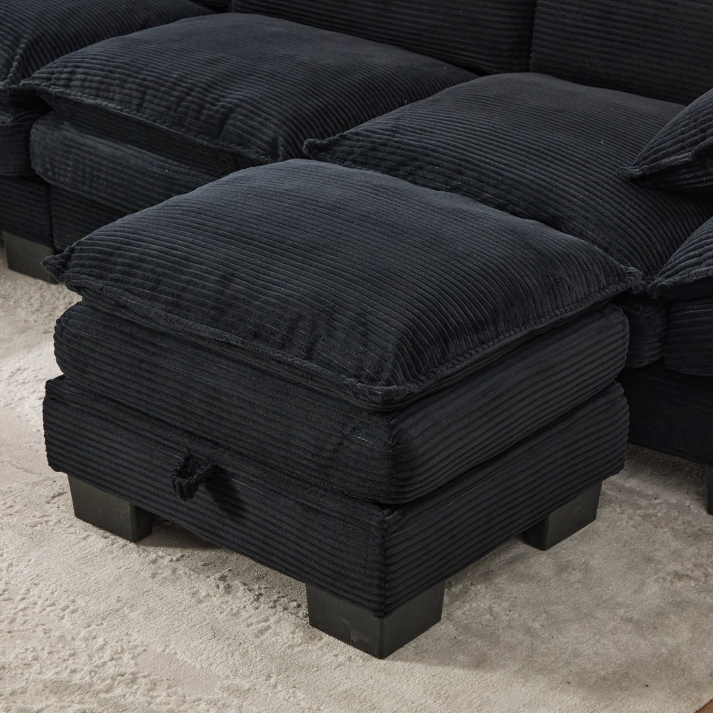 Divano modulare a 3 posti con pouf contenitore; in corduroy nero; 260 cm; con USB-C