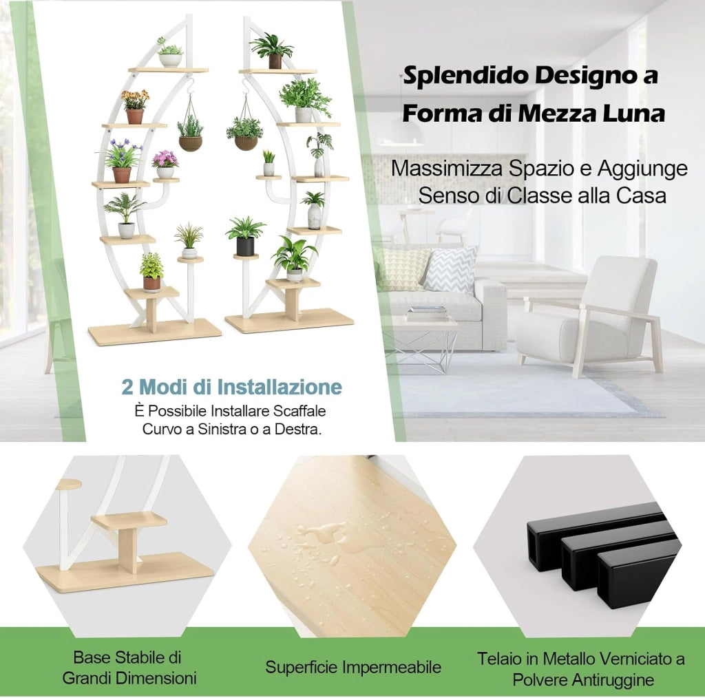 Scaffale per Piante a 7 Livelli, Scaffale a Forma di Mezza Luna con Gancio e Dispositivo Antiribaltamento, Porta Piante e Fiori per Soggiorno, 60 x 30 x 155 cm (2 PEZZI BIANCO)