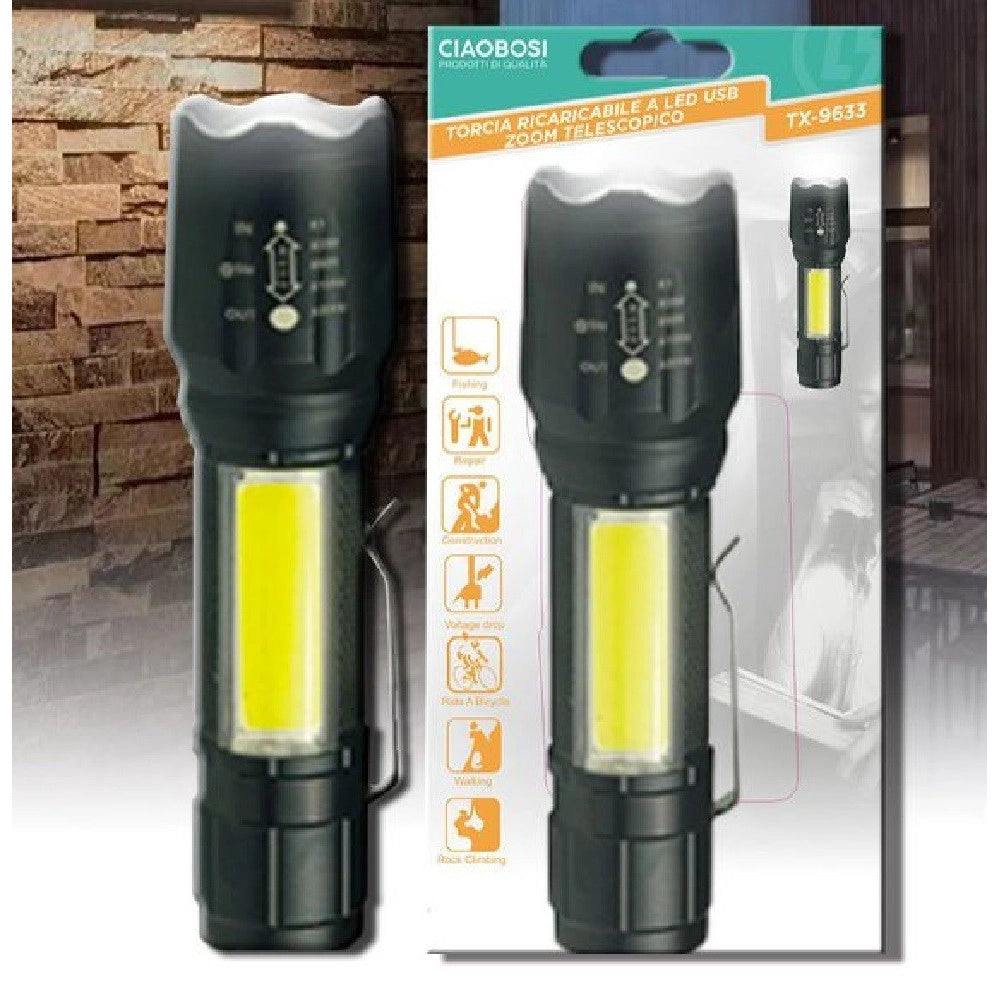 Trade Shop - Torcia Tattica Usb Ricaricabile A Led Zoom Telescopico Escursioni Pesca Tx-9633 -