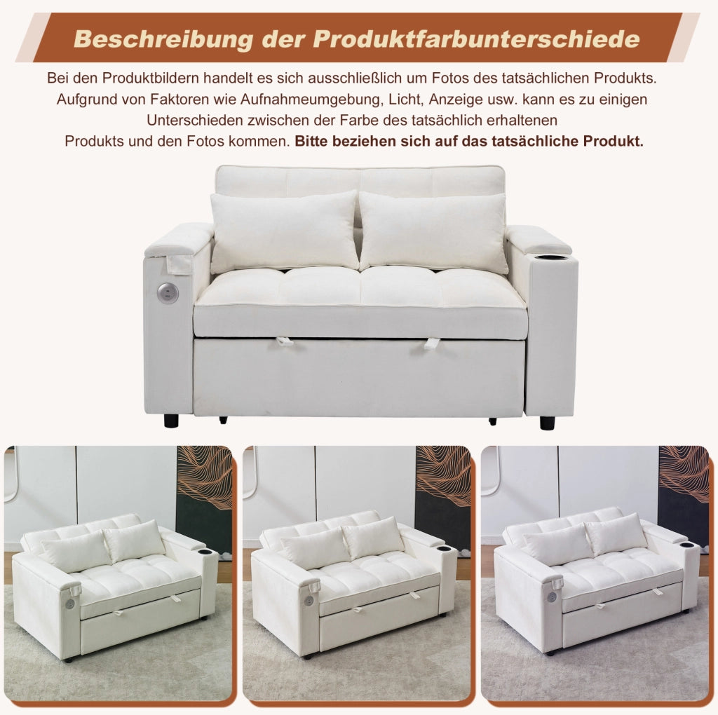 Divano letto pieghevole beige con USB, Type-C e tavolino