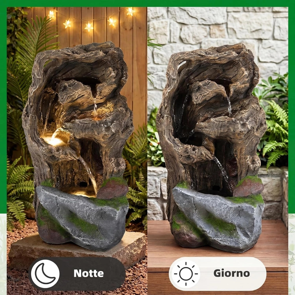 Fontana a Cascata, Fontana da Esterno con Illuminazione LED, Pompa e Muschio Artificiale, Ornamento Cascata in Stile Roccia per Cortile, Balcone e Salotto, 30,5 x 26 x 53 cm