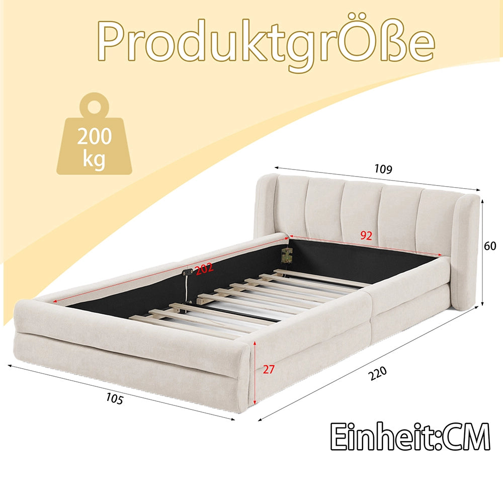 Letto Singolo 90x200cm - Xylo - Testiera in Tessuto Chenille Beige (Senza Materasso)