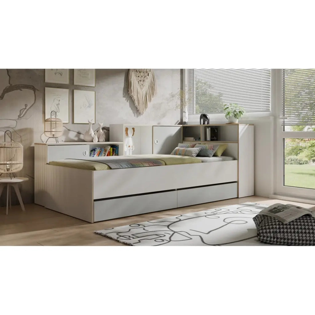 Letto per bambini ELYO – 90x200 cm – Con cassetti, nicchie e scaffali – Grigio, bianco & rovere chiaro