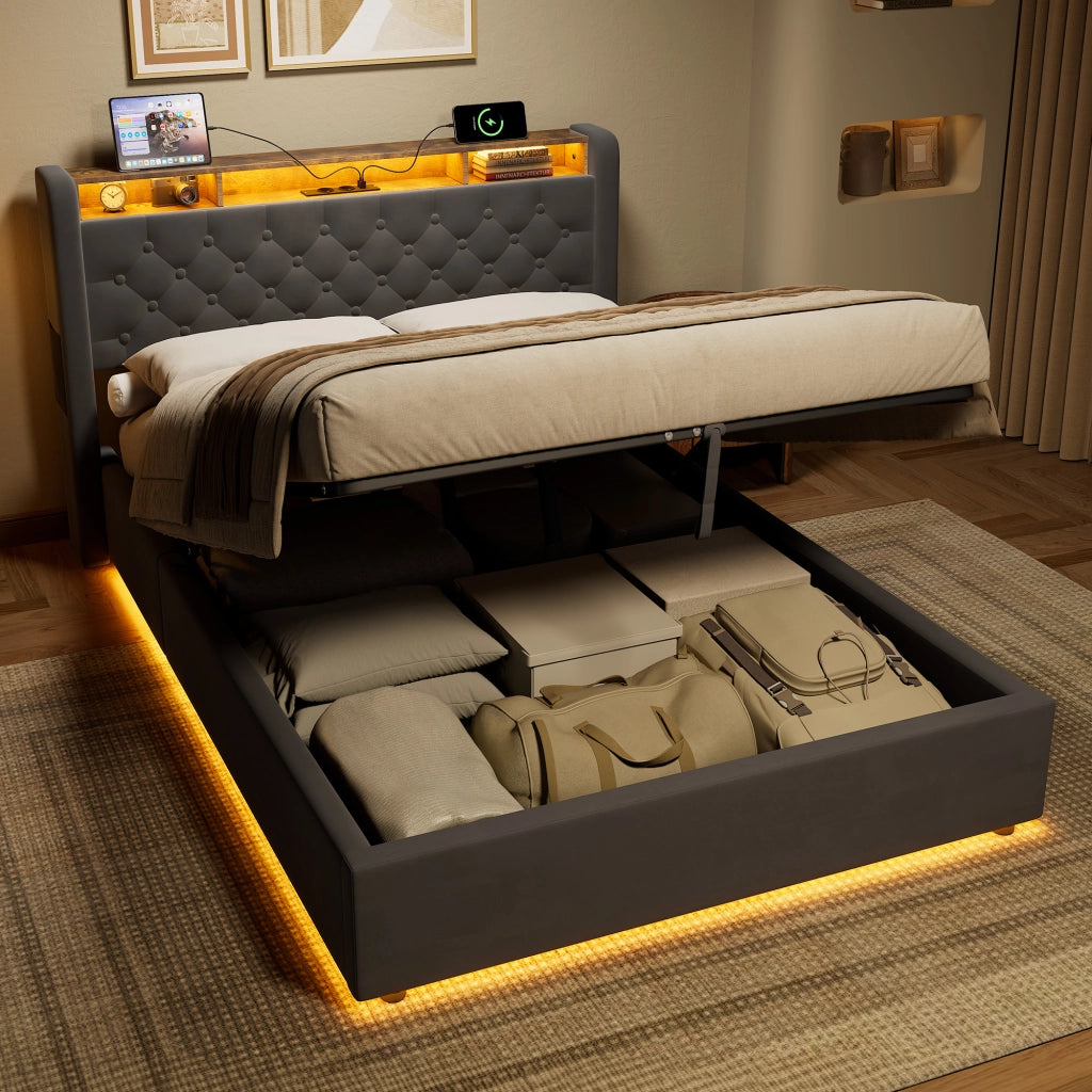 LETTO Imbottito 140 x 190 cm in Velluto Grigio con LED, USB e Contenitore