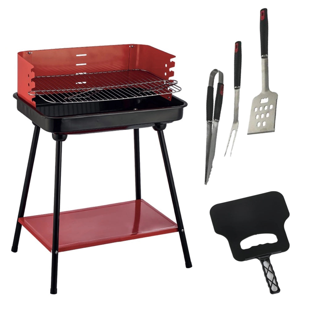MAURY'S SET BARBECUE RETTANGOLARE CON RIPIANO 58X38X82H CM + VENTAGLIO ASSORTITO DA 32 CM + GRILL SET 3 UTENSILI 43 CM